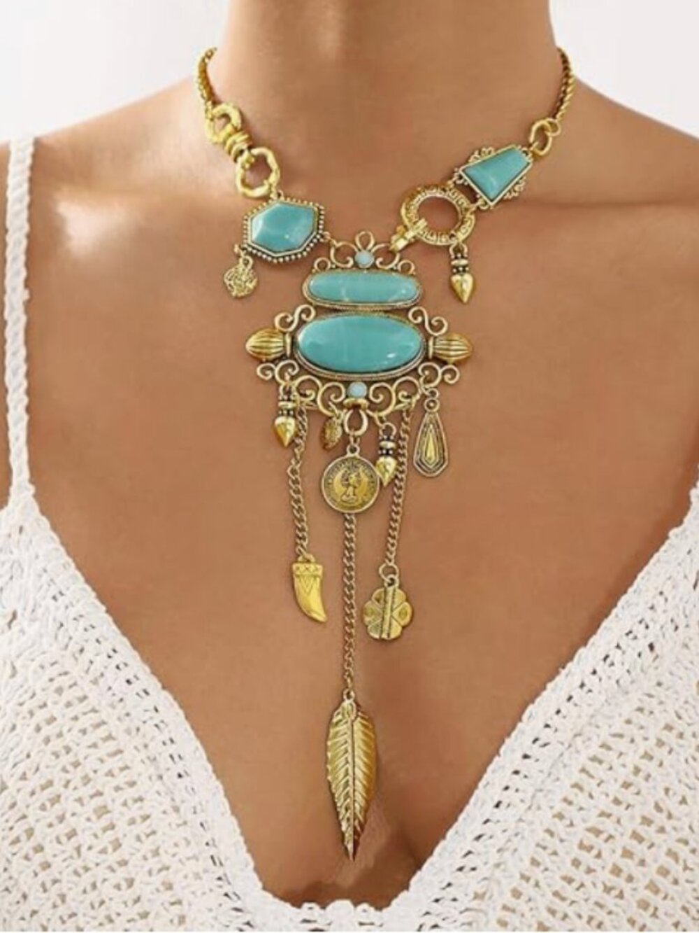 ♡ Bohemian Coin Collar Bib Statement Turquoise Multilayer Necklace♡